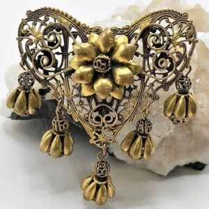 Erin Knight Designs Vintage Victorian Filigree Gold Floral Brooch with Dangles